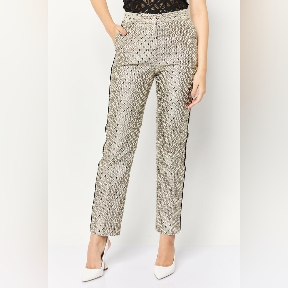 Maje Women's Floral Print Straight Jacquard Metallic Trousers Pants Size EU 34